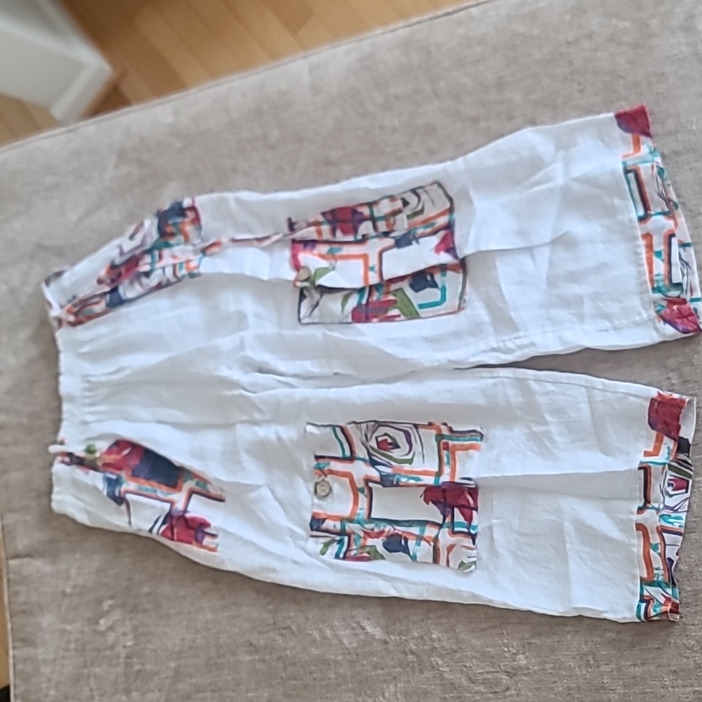 Lin Blanc white draw string cotton pants with patterned pockets